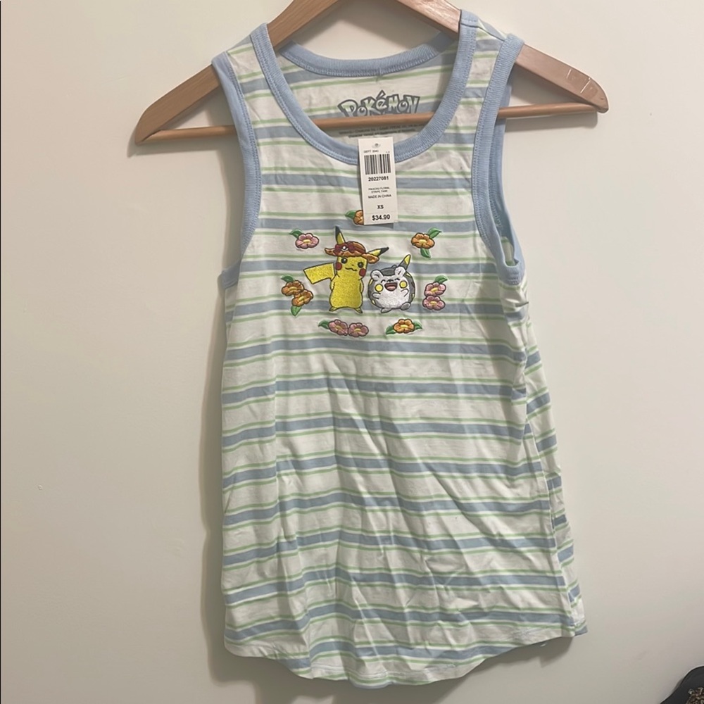 Pokemon Blue and White Striped Tank Top with Cartoon Design